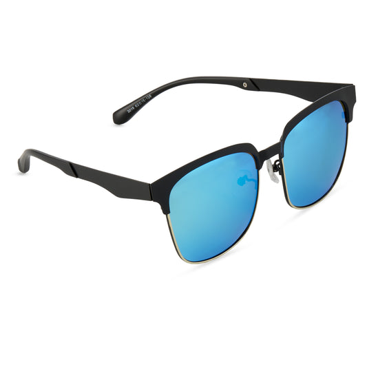 UV-Protected Square Clubmaster Half-Rim Fashion Sunglasses (3019 Black Blue Mirror