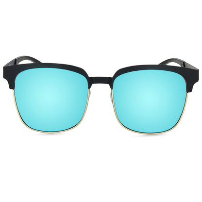 UV-Protected Square Clubmaster Half-Rim Fashion Sunglasses (3019 Black Blue Mirror