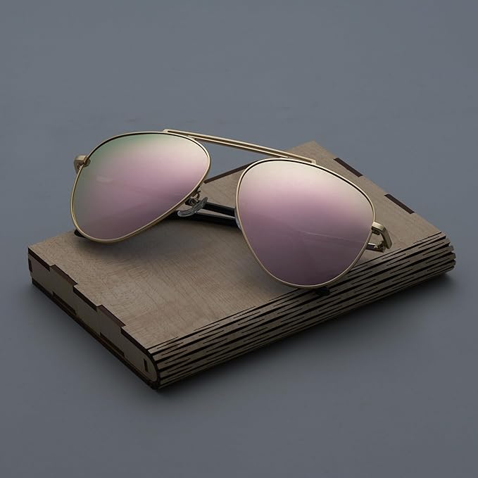 UV-Protected Aviators Half-Rim Fashion Sunglasses (3052 Gold Pink Mirror)