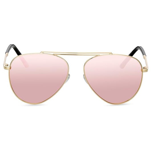 UV-Protected Aviators Half-Rim Fashion Sunglasses (3052 Gold Pink Mirror)