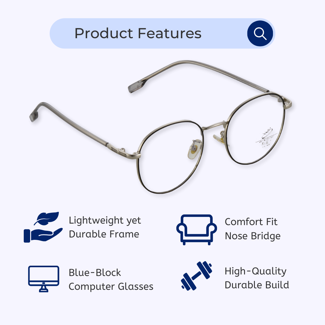 Blue-Cut Computer Glasses Round Metal Eyewear (3447 Silver Black)