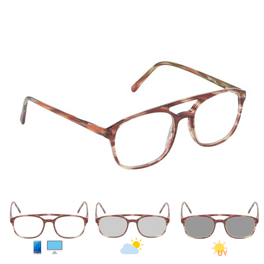Photochromic Day & Night Computer Gaming Glasses + Sunglasses Aviator Round Eyewear (5004 Brown)