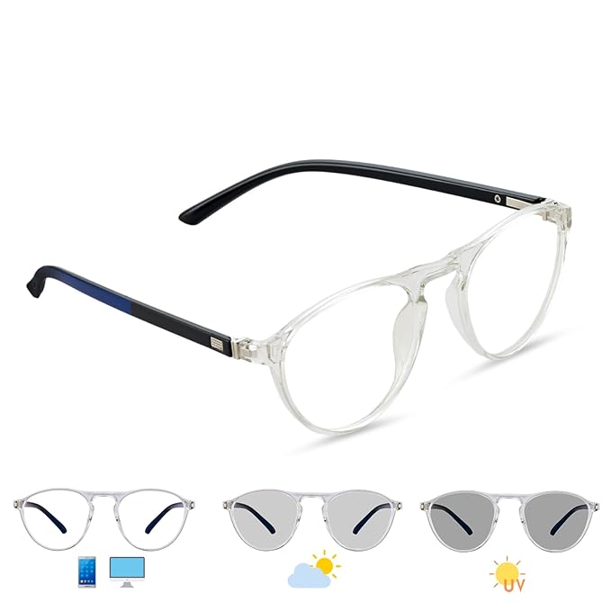 Photochromic Day & Night Computer Gaming Glasses + Sunglasses Unisex Round Eyewear (ROUND79 Transparent)