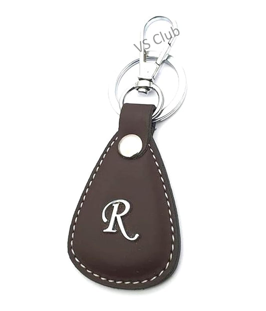 R-Letter Vegan Leather Metal Ring Silver Hook Keychain for Cars Bikes Gifting Brown