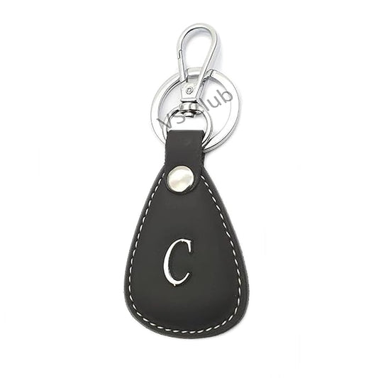 C-Letter Vegan Leather Metal Ring Silver Hook Keychain for Cars Bikes Gifting Black