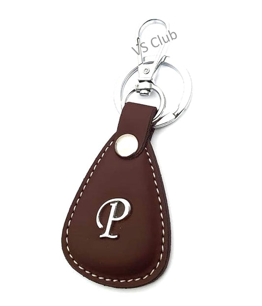 P-Letter Vegan Leather Metal Ring Silver Hook Keychain for Cars Bikes Gifting Brown