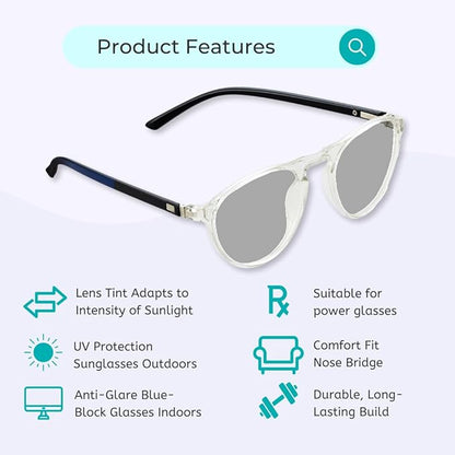 Photochromic Day & Night Computer Gaming Glasses + Sunglasses Unisex Round Eyewear (ROUND79 Transparent)