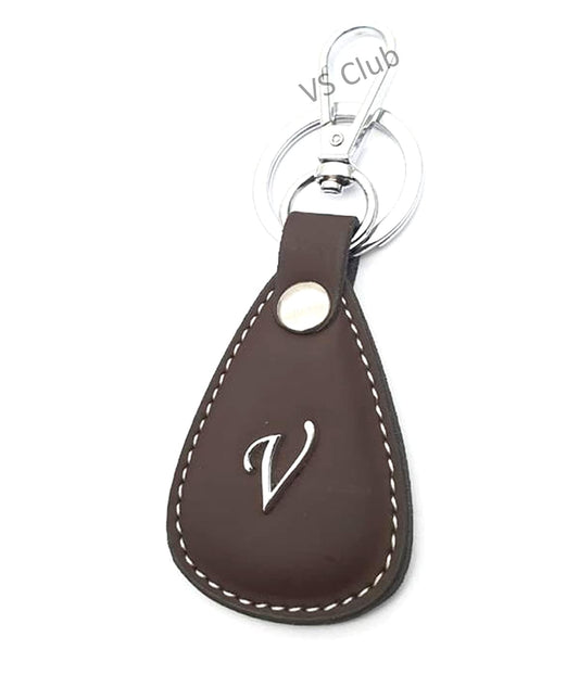 V Alphabet Initial Letter Leather Metal Ring Hook Keychain Brown