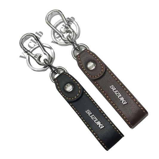 Car & Bike Leather Metal Ring Silver Hook Keychain Combo Black & Brown