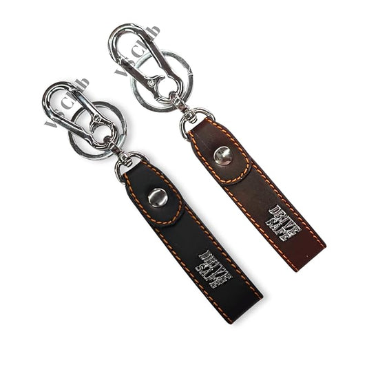 Drive Safe Car & Bike Leather Metal Ring Silver Hook Keychain Combo Black & Brown