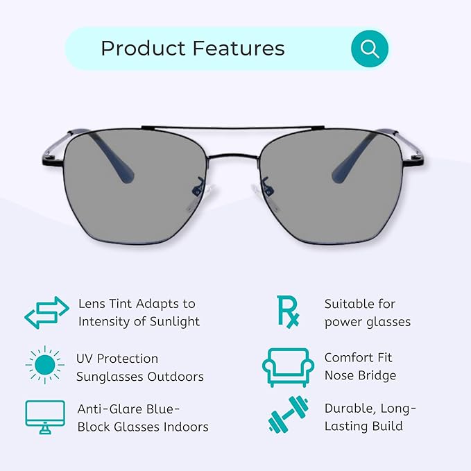 Photochromic Day & Night Computer Gaming Glasses + Sunglasses Unisex Aviator Rectangle Eyewear (73005 Black)