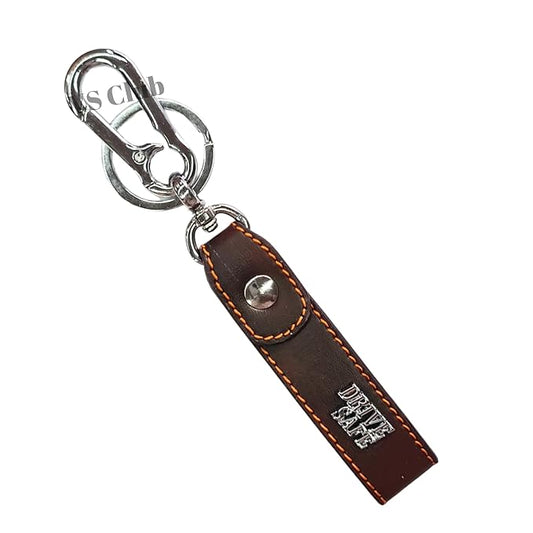 Drive Safe Car & Bike Leather Metal Ring Silver Hook Keychain Brown