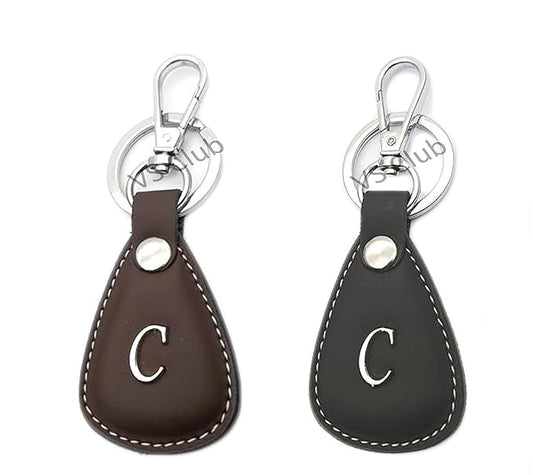 C-Letter Vegan Leather Metal Ring Silver Hook Keychain for Cars Bikes Gifting Combo Black & Brown