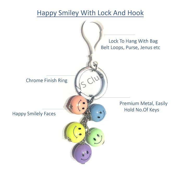 Smiley Metal Ring Silver Hook Keychain for Cars Bikes Gifting Multicolour