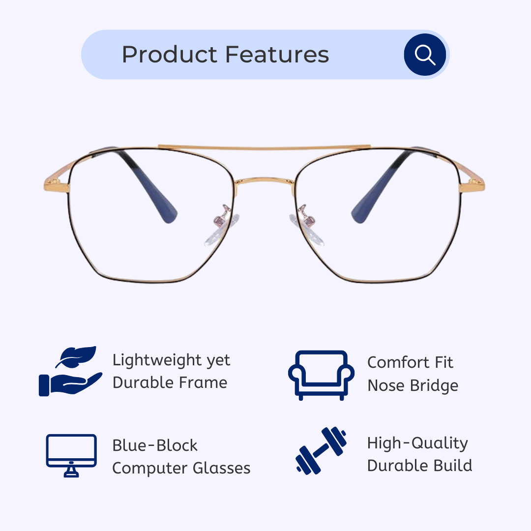 Blue-Cut Computer Glasses | Aviator | Oversized | Metal | Gold | 73005