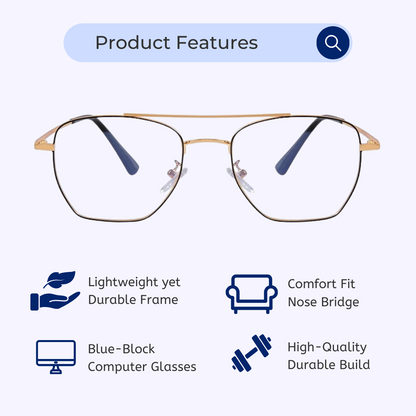 Blue-Cut Computer Glasses | Aviator | Oversized | Metal | Gold | 73005