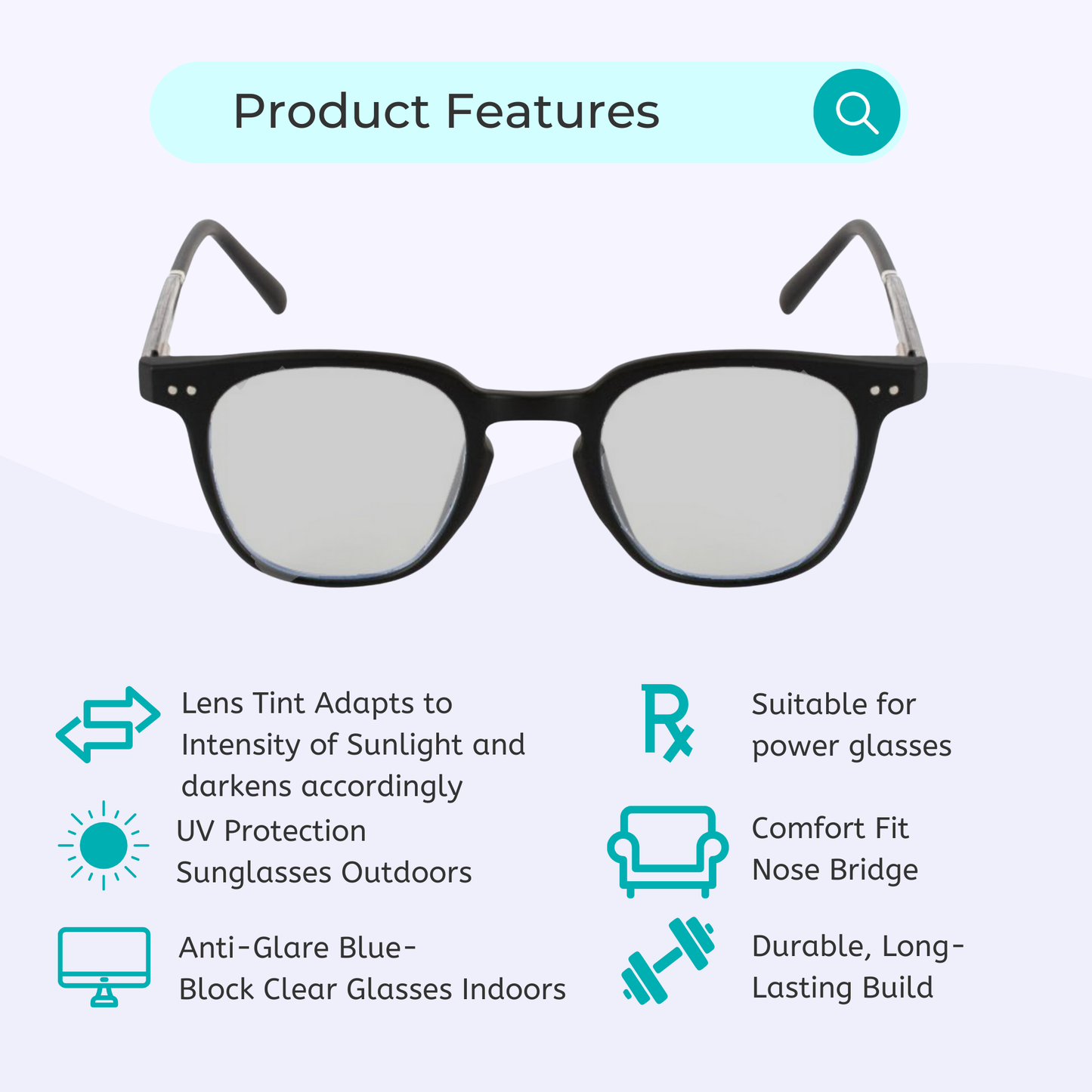 Photochromic Day & Night Computer Gaming Glasses + Sunglasses Unisex Wayfarer Square Eyewear (790 Black)