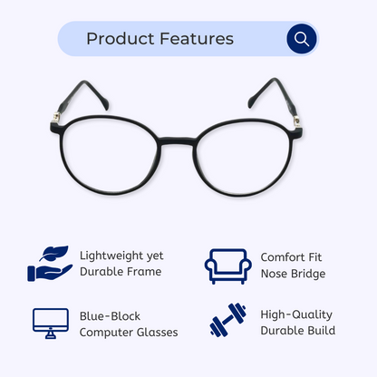 Blue-Cut Computer Glasses | Round | Designer | Women's | Black | 795