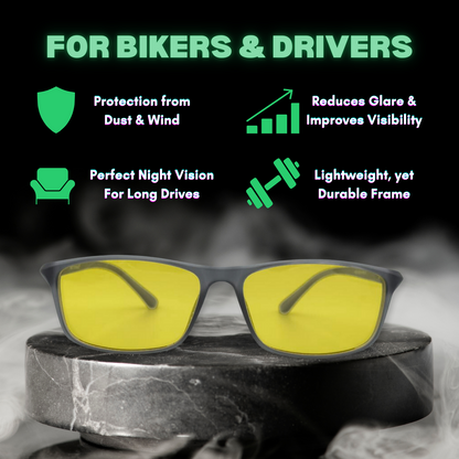 Night Vision | Driving Biking & Gaming | Blue-Cut Computer Glasses | 24 Hour Yellow Eyewear | 9192 Grey