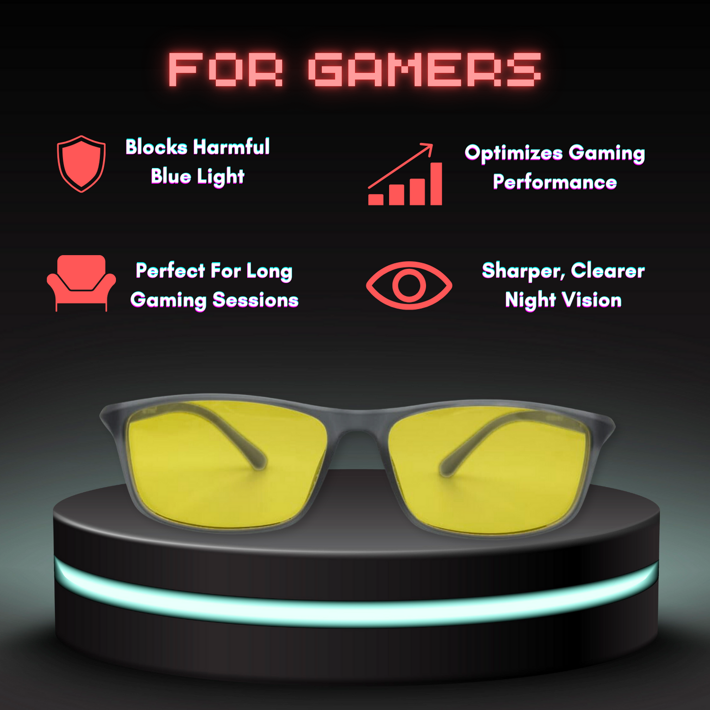 Night Vision | Driving Biking & Gaming | Blue-Cut Computer Glasses | 24 Hour Yellow Eyewear | 9192 Grey