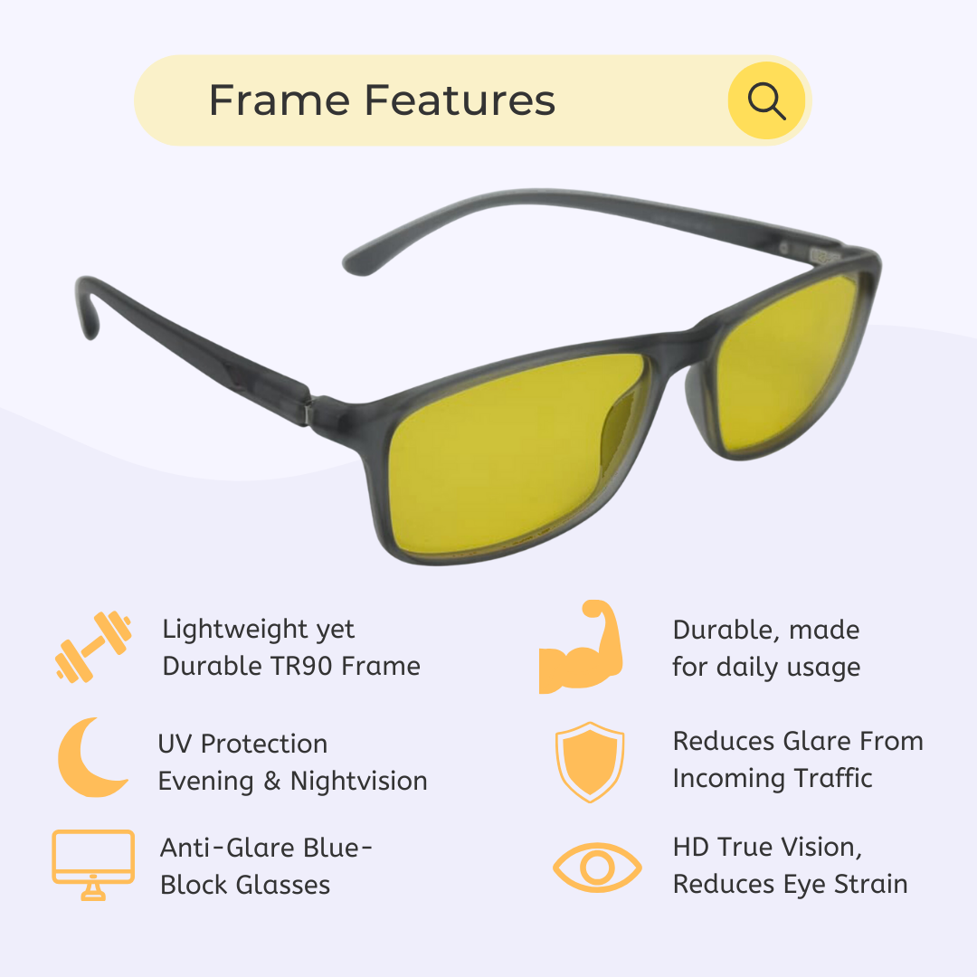 Night Vision | Driving Biking & Gaming | Blue-Cut Computer Glasses | 24 Hour Yellow Eyewear | 9192 Grey